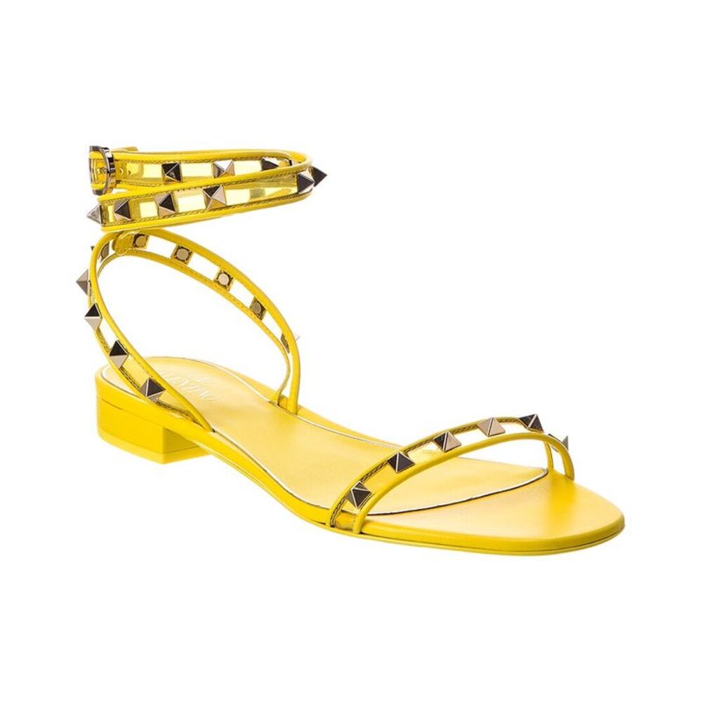 Valentino Rockstud Leather-Trim Sandal, Yellow
